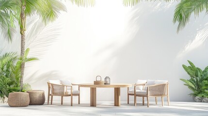 Fototapeta premium Outdoor patio dining area with wooden furniture, palm trees, and a bright white wall. Tranquil, tropical, and stylish patio design. Natural light and shadows. Relaxing ambiance.