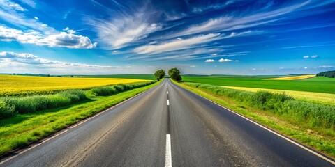 Fototapeta premium Scenic Landscape of an Asphalt Road with a White Line Leading Through Lush Green Fields Under a Clear Blue Sky, Perfect for Travel and Adventure Themes in Stock Photography