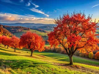 Fototapeta premium Scenic View of Autumn Cherry Trees in the Czech Countryside with Vibrant Fall Foliage and Rolling Hills Under a Clear Blue Sky for Landscape Photography Enthusiasts