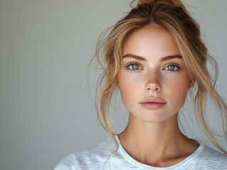 Naklejka premium Close-up portrait of a serene young woman with long blonde hair and freckles. Her clear blue eyes and natural look are complemented by soft lighting, creating an atmosphere of calm elegance.