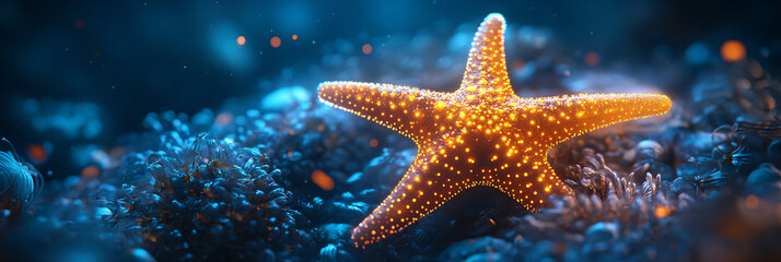 A glowing starfish icon surrounded by regeneration data, representing online marine conservation platforms, digital research tools, and ecological education resources.  