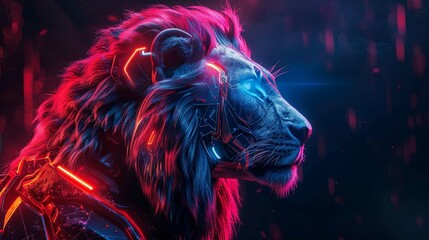 Cybernetic Lion in Neon Lighting: A Futuristic Beast Portrait