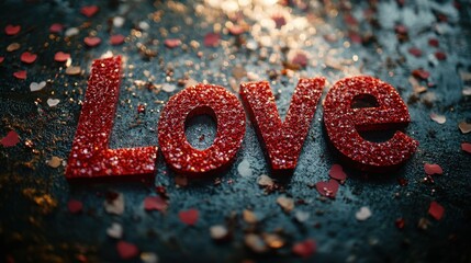 "Love" red text on blue background, confetti. Happy Valentine's Day concept