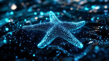 A glowing starfish icon surrounded by regeneration data, representing online marine conservation platforms, digital research tools, and ecological education resources.  