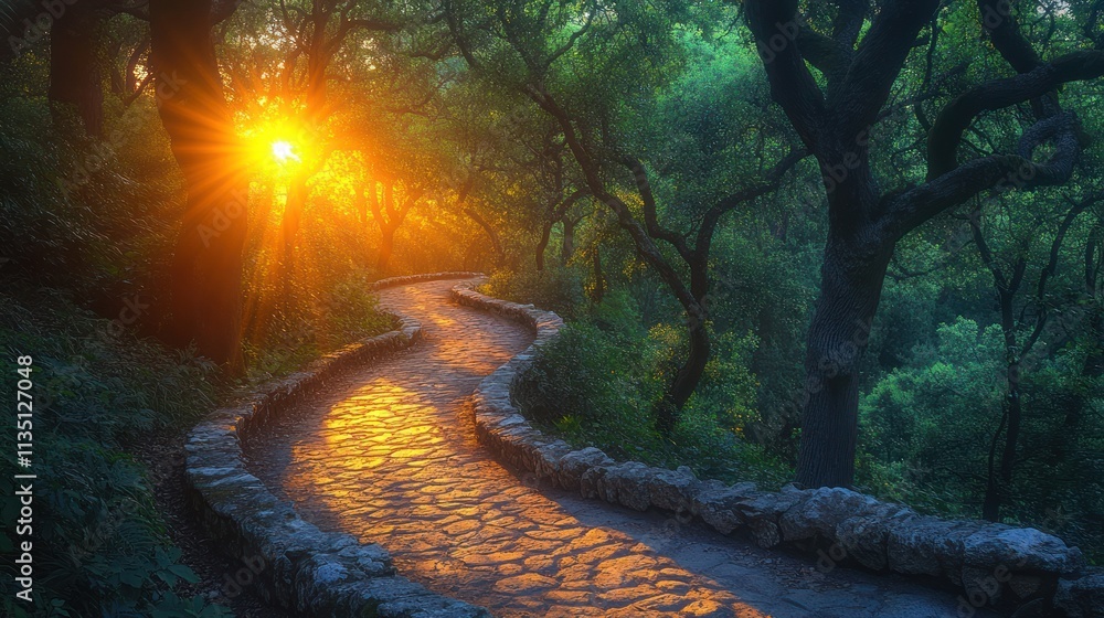 Poster a winding stone path through a lush forest illuminated by a warm sunset.