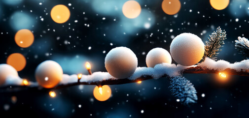 Cozy winter christmas decorations with snowy ornaments new year lights indoor ambiance warm environment evening viewpoint