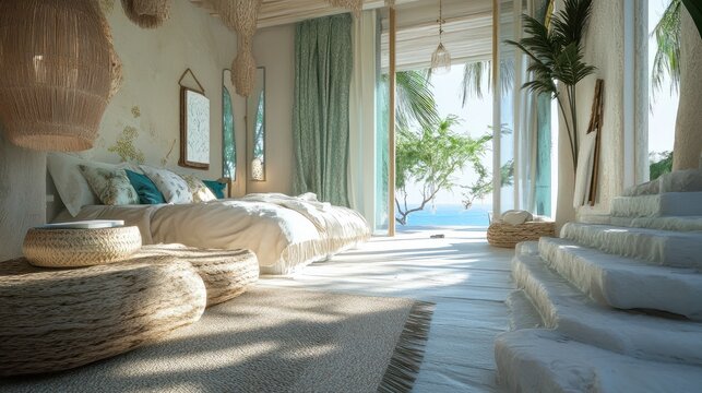 Coastal interior design with natural textures and soft pastel color palettes