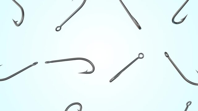 Fishing Hooks Falling on a Light Background. Fishhooks 3D Animation. 4K