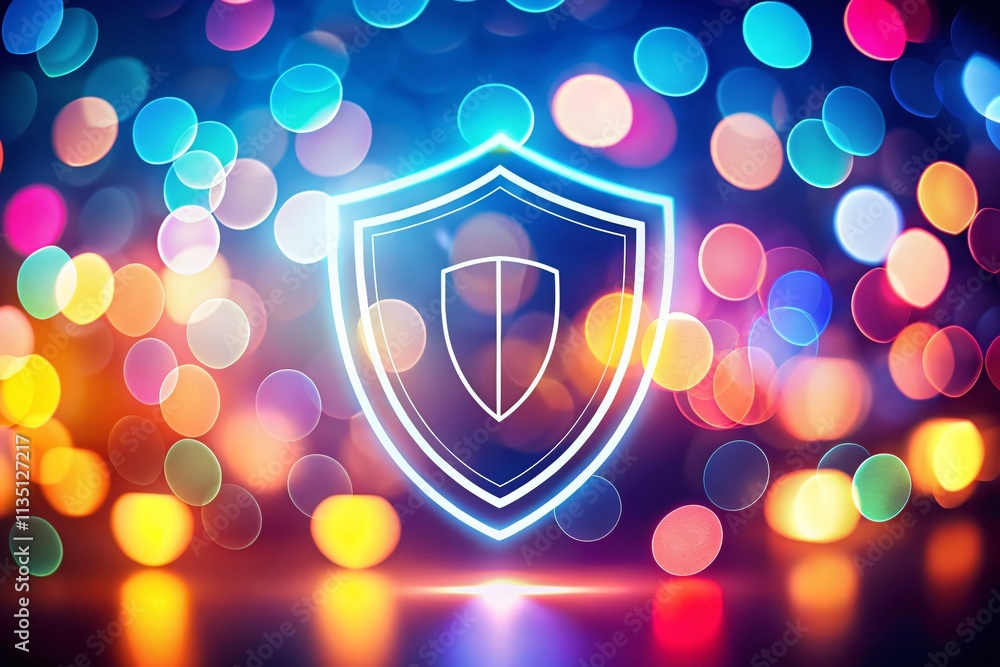 Poster security shield outline icon with bokeh effect for enhanced protection imagery in digital graphics a