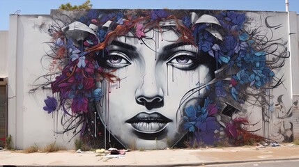 A stunning urban mural showcasing a large, intricately detailed face of a woman surrounded by vibrant hues of blue and purple flowers. The wall art features striking black and white elements of the wo