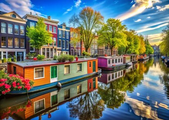 Obraz premium Serene Amsterdam Houseboats: A Scenic View of Colorful Floating Homes Along the Canals Reflecting Dutch Architecture and Lush Greenery in a Tranquil Setting