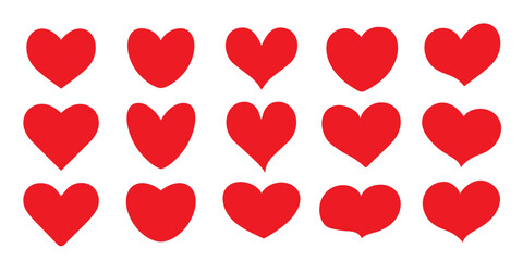 A set of 15 red hearts on a white background. Stickers of hearts of different shapes. The concept of Valentine's Day. Vector illustration.