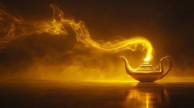 A beautifully crafted golden genie lamp releases a flowing stream of glowing smoke in a mystical setting, invoking themes of magic and ancient Arabian folklore, perfect for fantasy concepts.. AI