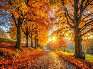 Fototapeta premium Serene Autumn Morning: Captivating Wecker Herbst Landscape with Vibrant Foliage and Soft Light, Perfectly Balanced in the Rule of Thirds Composition for Nature Photography Enthusiasts