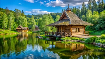 Fototapeta premium Serene Bathhouse in Kirovgrad, Sverdlovsk Region, Russia Featuring Rustic Architecture Surrounded by Nature, Ideal for Relaxation and Wellness Imagery with Ample Copy Space
