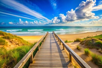 Fototapeta premium Serene Beach Boardwalk on Soft Sand with Clear Blue Skies and Gentle Waves, Perfect for Relaxation and Scenic Views, Ideal for Travel and Nature Enthusiasts