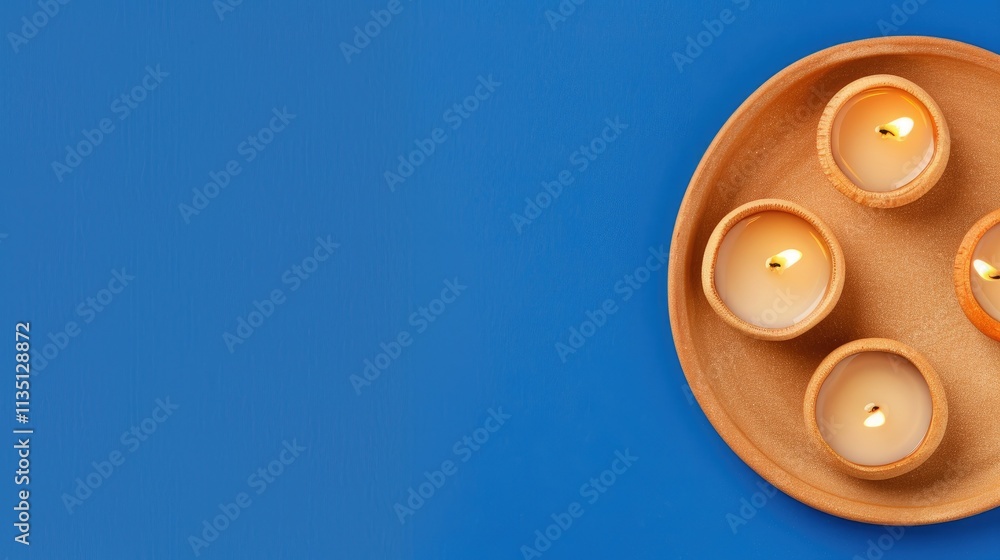 Poster diwali serene composition of four floating candles illuminated on a vibrant blue background, perfect
