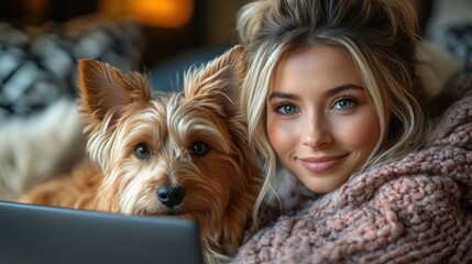 A woman cuddles with her dog while using a laptop, enjoying a cozy moment indoors.