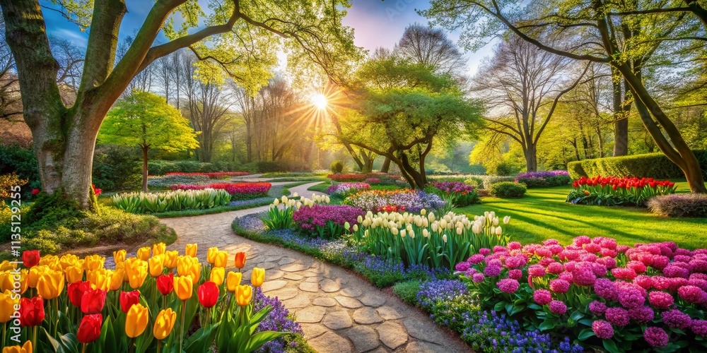 Poster serene botanical garden in spring bloom with colorful flowers and lush greenery captured using the r
