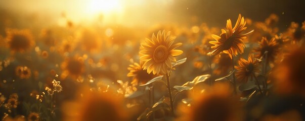 Golden Sunlight Shining on Vibrant Sunflower Field at Sunrise