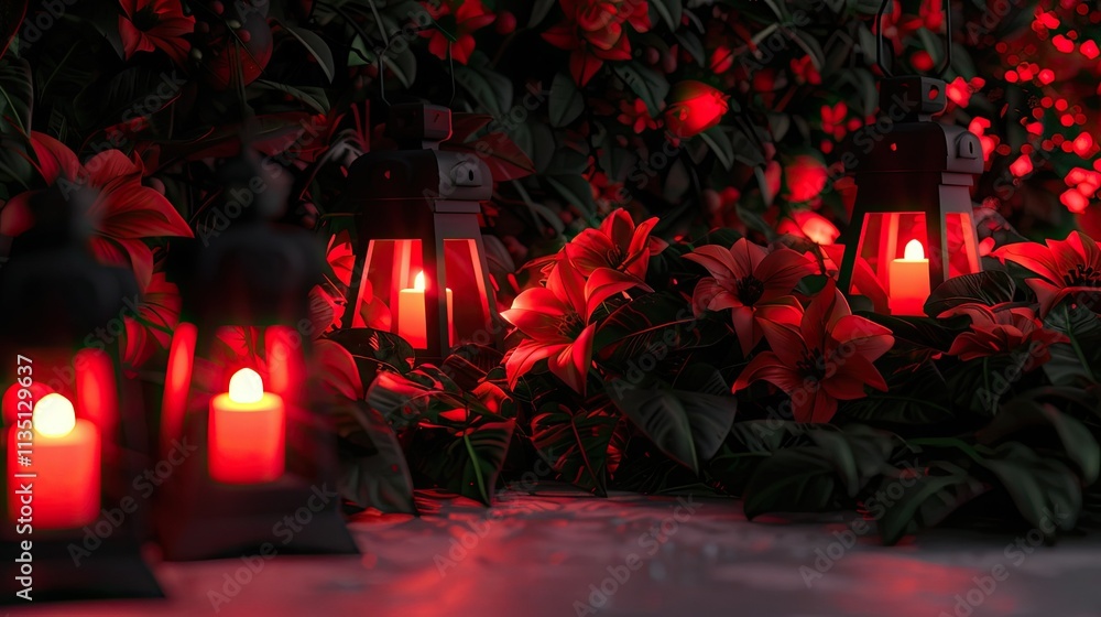 Poster scene with lanterns illuminating red flowers in a lush garden setting, creating a serene and magical