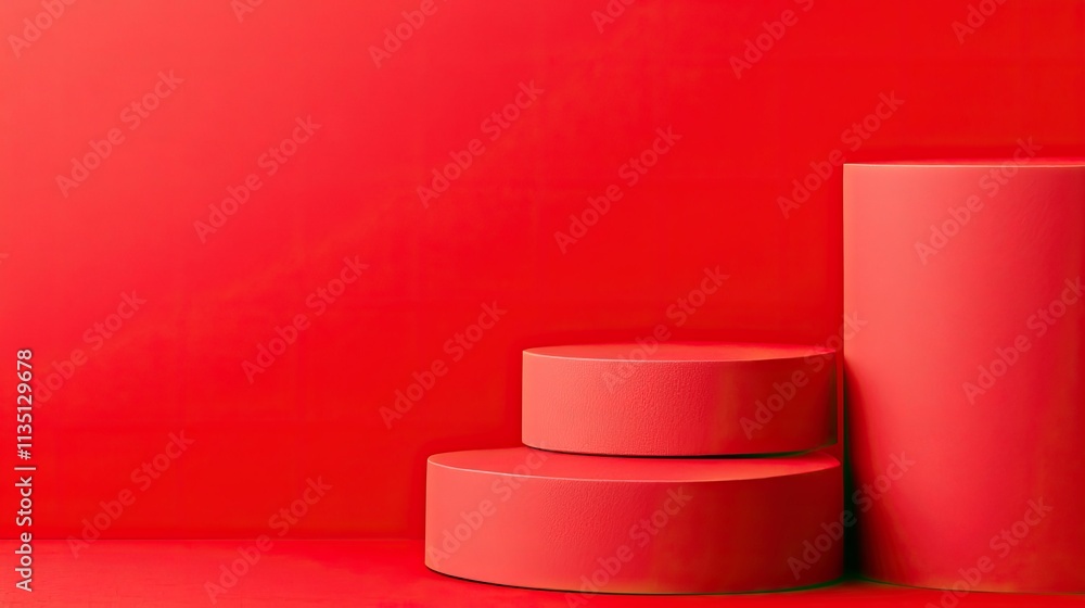 Poster modern minimalist three-dimensional display featuring vibrant red cylindrical shapes arranged on a m