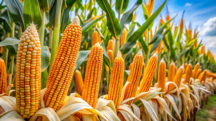Golden Corn Cobs in a Plantation Field – Vibrant Natural Scene with Fresh Green Stalks, Healthy Leaves, and Bright Sunlight for Organic, Farming, and Food-Themed Visuals.