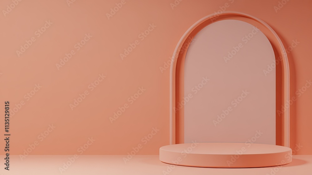 Aufkleber minimalist display with soft peach background and curved arch framing a circular platform, perfect f