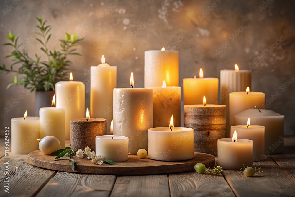 Poster serene composition of isolated candles on a minimalist surface capturing the warm glow and soft shad