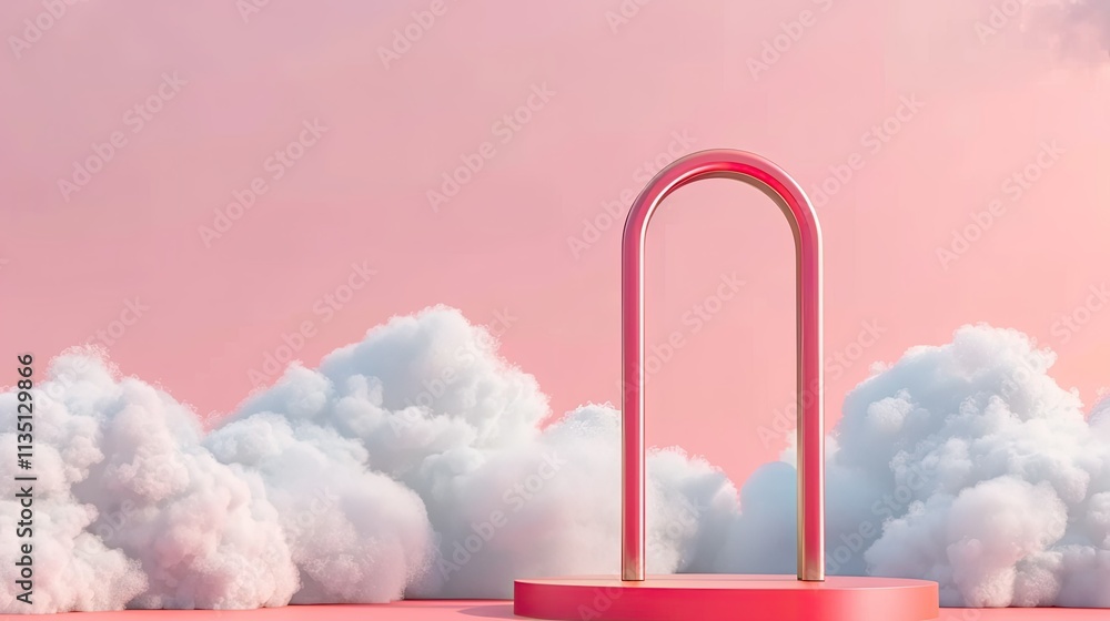 Poster abstract minimalistic scene featuring a pink arch structure surrounded by fluffy clouds against a so