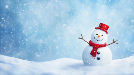 Fototapeta premium Cheerful snowman in a snowy winter landscape with falling snow