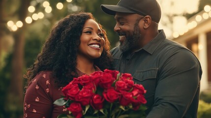 Happy african couple embraces with roses in romantic outdoor setting. The 14th of February. Happy Valentine's Day