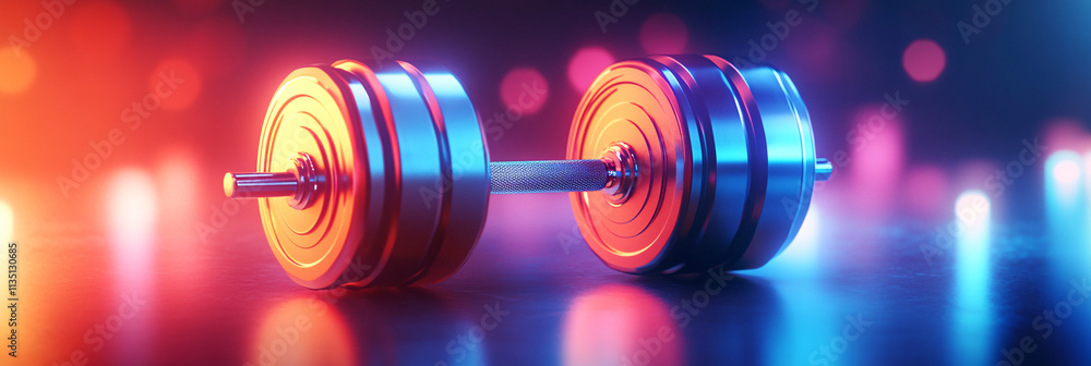 Poster a glowing strength training icon with exercise tracking data, representing online platforms for resi