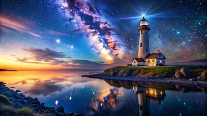 Serene Double Exposure Photography of a Tranquil Nature Scene Anchored by a Majestic Lighthouse Overlapping with a Starry Night Sky for a Soulful Composition
