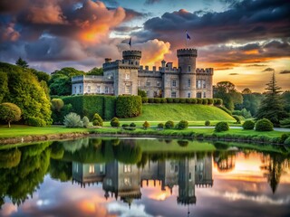 Fototapeta premium Serene Dromoland Castle at Dusk: A Minimalist Capture of West Ireland's Iconic Landmark Surrounded by Lush Landscapes and a Tranquil Sky