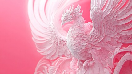 Obraz premium A stylized, pink, mythical phoenix sculpture, with large, detailed wings, a sophisticated, decorative background.