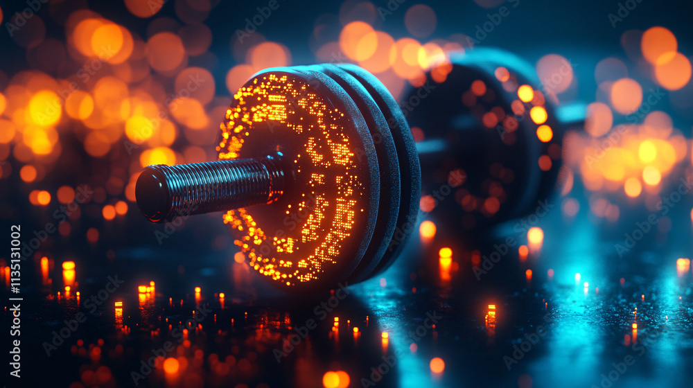 Poster a glowing strength training icon with exercise tracking data, representing online platforms for resi