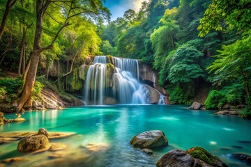 Serene Erawan Waterfall in Thailand's National Park Surrounded by Lush Greenery and Crystal Clear Waters, Perfect for Nature Lovers and Adventure Seekers