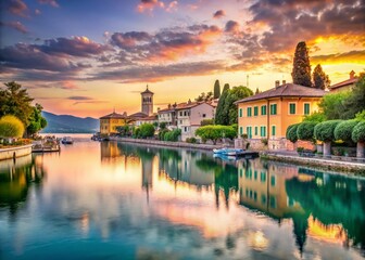 Fototapeta premium Serene Evening View Over Lake Garda from Peschiera: A Vintage Style Capture of Tranquil Waters and Charming Surroundings at Dusk