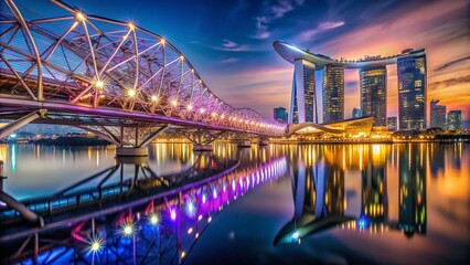 Obraz premium Serene Evening Walk on Helix Bridge with Stunning Views of Marina Bay Sands and City Skyline, Capturing the Essence of Singapore's Nightlife and Urban Landscape