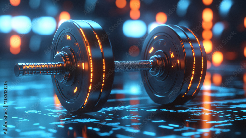 Poster a glowing strength training icon with exercise tracking data, representing online platforms for resi