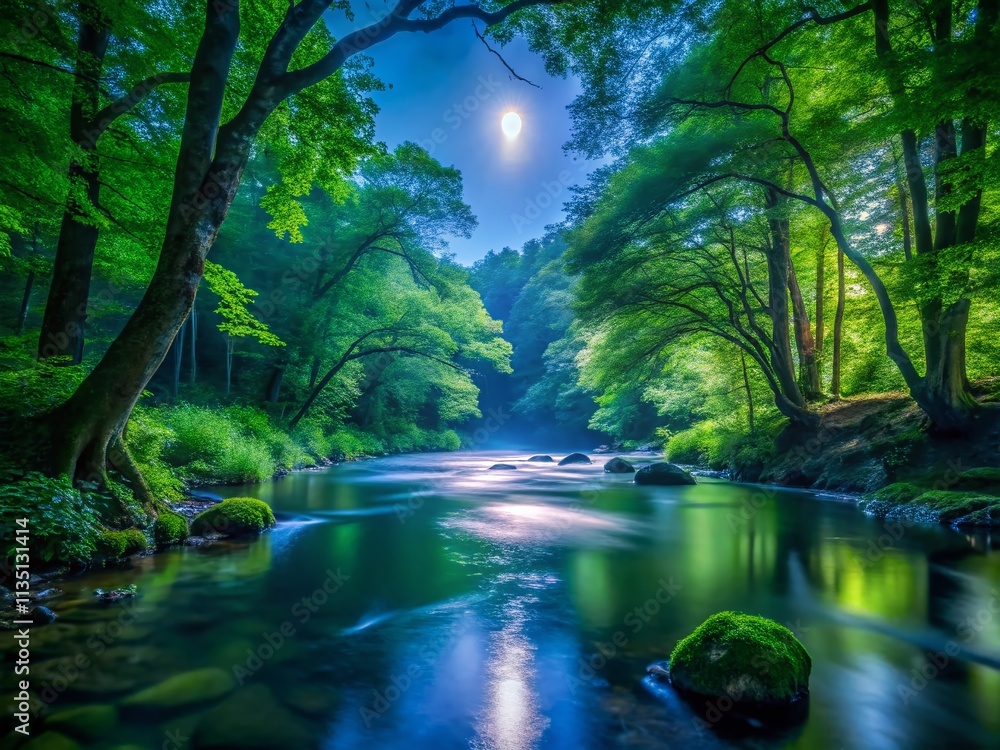 Poster serene forest stream illuminated by moonlight with glowing green leaves and soft reflections in the 