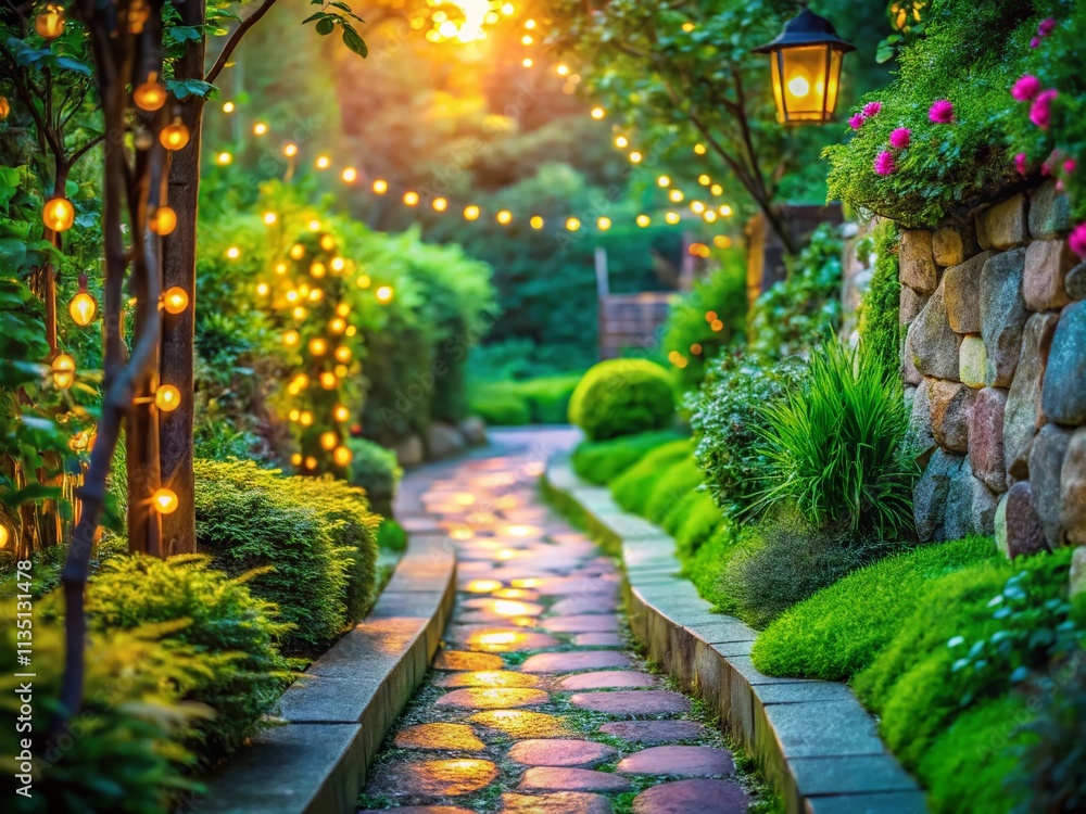 Aufkleber serene garden pathway with stone wall surrounded by lush greenery and soft bokeh effect for a tranqu