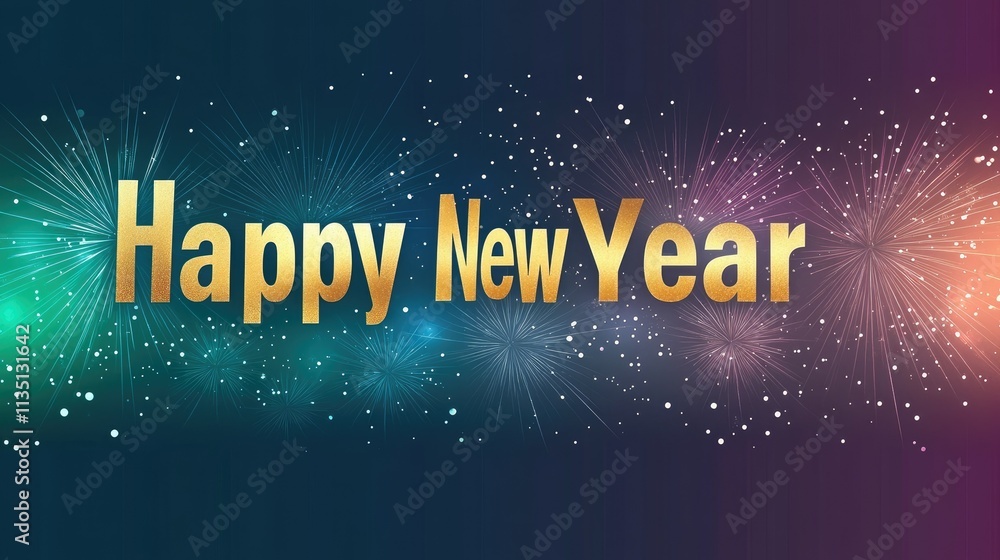 Poster happy new year with colorful fireworks and gleaming text displaying happy new year in gold against a