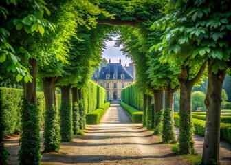 Obraz premium Serene Green Alley with Lush Foliage Leading to an Elegant Chateau Amidst a Tranquil Garden Pathway Perfect for Minimalist Photography