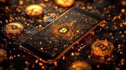 A cell phone is surrounded by a bunch of gold coins and a B symbol