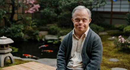 Elderly caucasian man with down syndrome enjoying tranquil japanese garden scene