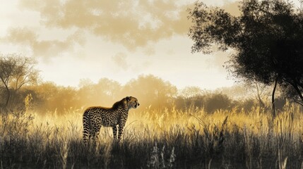A lone cheetah stands still in the tall grass of the African plains during sunset, surrounded by soft golden light. The calm atmosphere highlights the beauty of the wilderness.. AI Generation