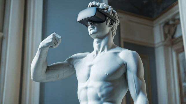 David statue wearing virtual reality headset, modern meets classical art, juxtaposition of technology and sculpture