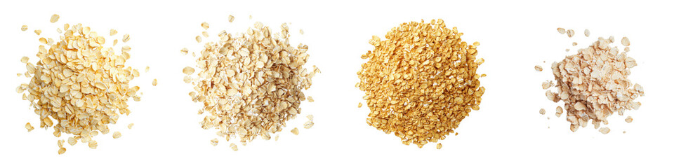 Set of neat pile of golden oat flakes isolated on transparent background (2)